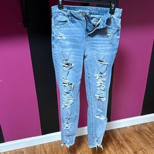 American Eagle Outfitters Women's Light Blue Ripped Skinny Jeans